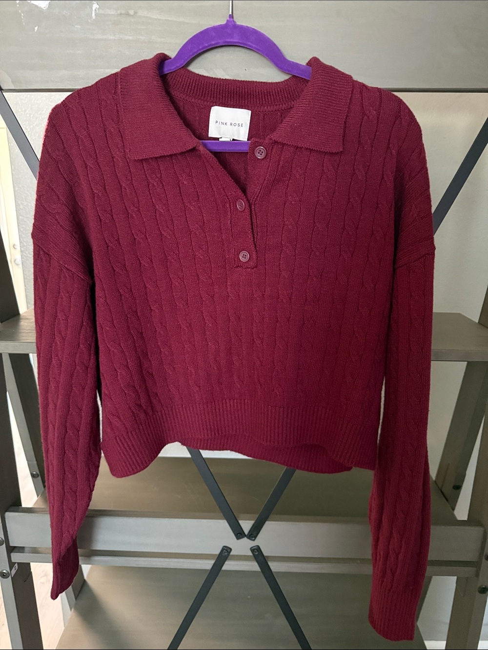 Pink Rose Cable-Knit Polo Sweater in Burgundy